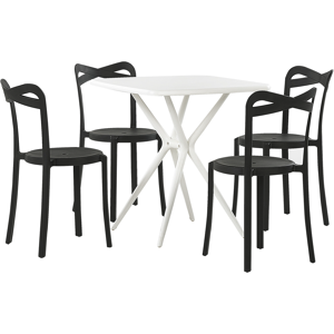 Conjunto De Comedor 4 Plazas De Material Sintético Blanco Negro Sillas Apilables Mesa Moderno Interior Exterior