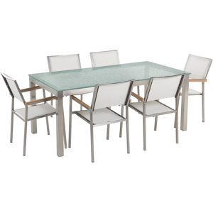 Conjunto De Comedor De Jardín Blanco Con Mesa 180 X 90 Cm De Vidrio Agrietado 6 Sillas