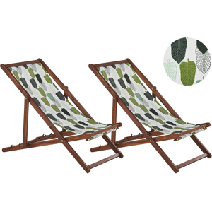 Conjunto De 2 Tumbonas De Jardín De Tela Madera De Acacia Oscura Patrón Floral Reclinable Plegable