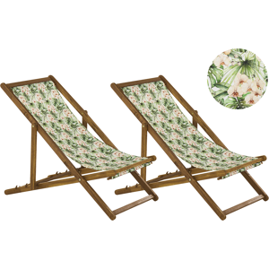 Conjunto De 2 Tumbonas De Jardín De Tela Madera De Acacia Clara Patrón Floral Reclinable Plegable