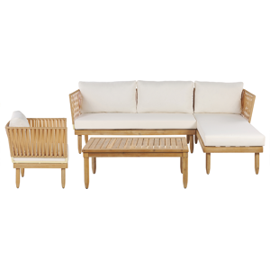 Conjunto De Muebles De Jardín De Madera De Acacia Con Cojines Blanco Crema Mesa De Centro Sillón De Ratán Sintético