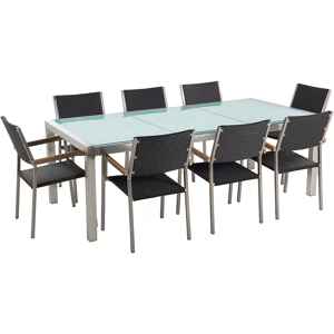 Conjunto De Comedor De Jardín Negro Con Mesa 220 X 100 Cm De Vidrio Agrietado 8 Sillas De Ratán