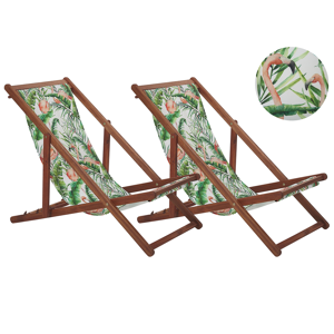 Conjunto De 2 Tumbonas De Jardín De Tela Madera De Acacia Oscura Patrón De Flamenco Reclinable Plegable