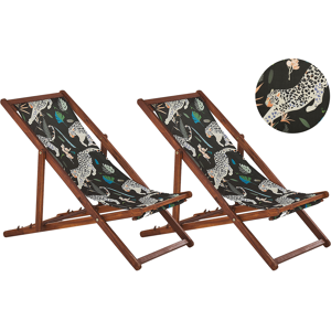 Conjunto De 2 Tumbonas De Jardín De Tela Madera De Acacia Oscura Patrón Animal Reclinable Plegable