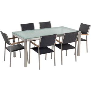 Conjunto De Comedor De Jardín Negro Con Mesa 180 X 90cm De Vidrio Agrietado 6 Sillas De Ratán