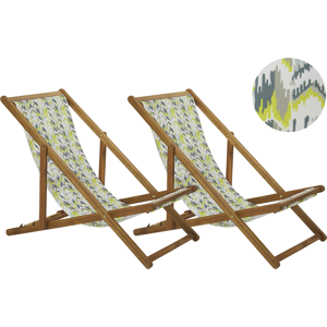 Conjunto De 2 Tumbonas De Jardín De Tela Amarillo Gris Madera De Acacia Clara Reclinable Plegable