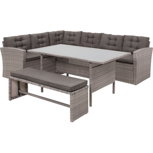 Conjunto De Comedor De Jardín De Ratán Sintético Gris Con Cojines Sofá Banco Mesa Rectangular Con Tablero De Vidrio 80x145 Cm