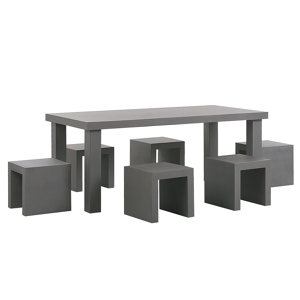 Conjunto De Comedor De Jardín Mesa Rectangular De Cemento Reforzado Gris 6 Taburetes 6 Plazas Resistente Al Agua