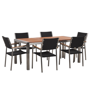 Conjunto De Comedor De Jardín Mesa Con Tablero De Madera De Eucalipto 180 X 90 Cm Y 8 Sillas En Ratán Sintético Negro