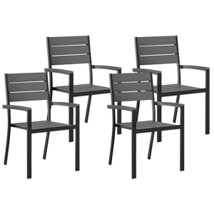 Conjunto De 4 Sillas De Comedor De Jardín De Madera Clara Con Marco De Aluminio Negro Apilable