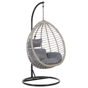 Silla Colgante De Ratán Gris Con Estructura Metálica Interior-Exterior Forma De Huevo Estilo Boho