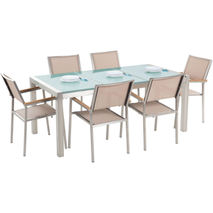 Conjunto De Comedor De Jardín Beige Con Mesa 180 X 90 Cm De Vidrio Agrietado 6 Sillas