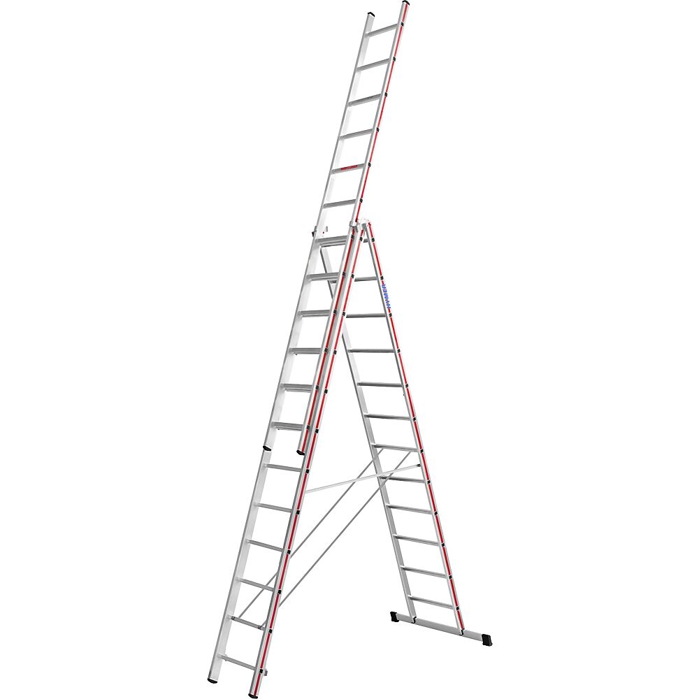 HYMER Escalera multiusos de aluminio, modelo profesional, 3 x 12 peldaños, altura máx. de trabajo 9,32 m