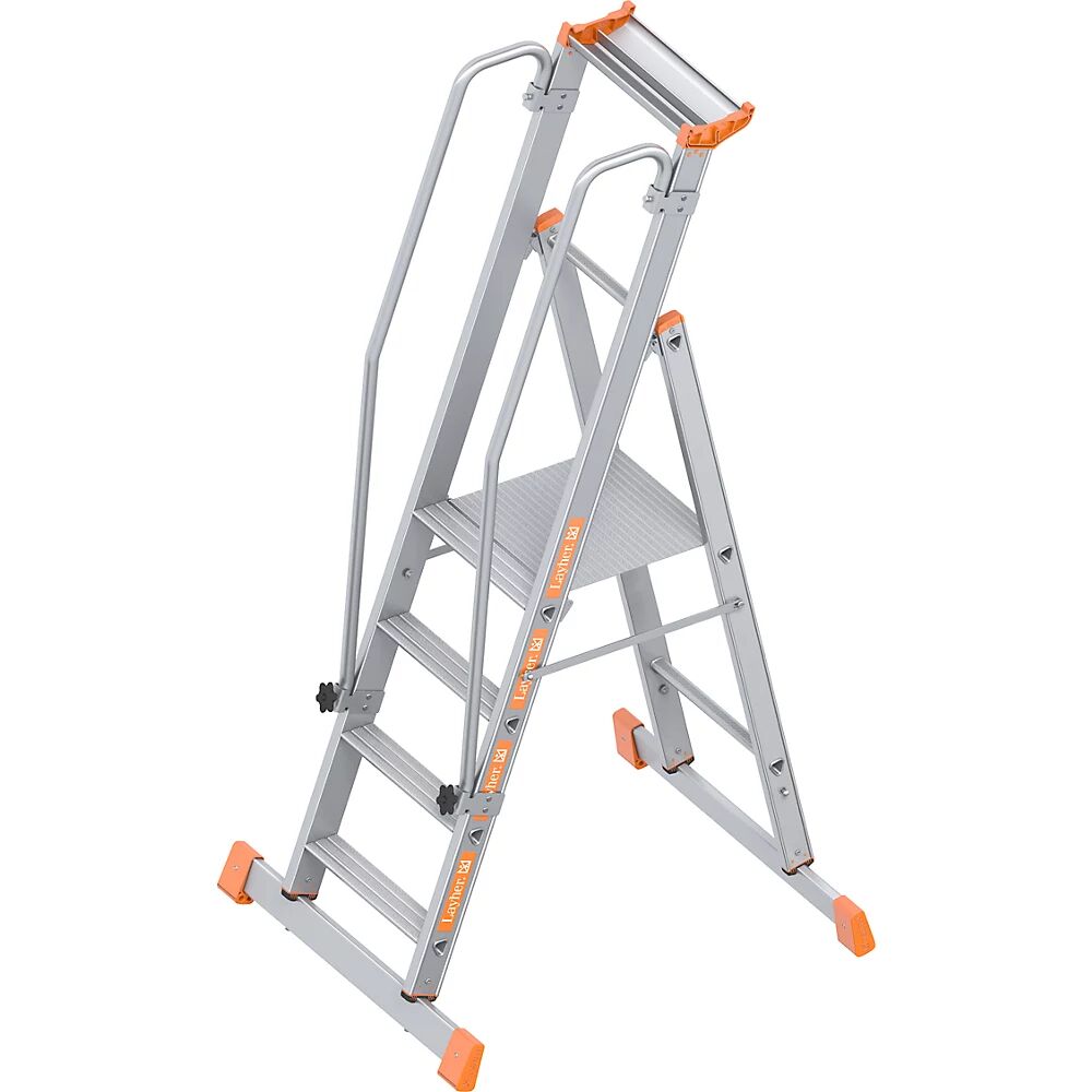 Layher Escalera con tarima de aluminio, de ascenso por un lado, plegable, 4 peldaños