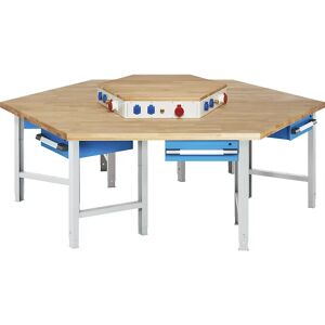 eurokraft pro Banco de trabajo para grupos, 6 puestos de trabajo, 6 cajones, con módulo de energía superpuesto, altura 790 - 1140 mm