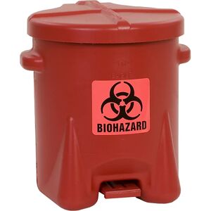 Justrite Recipiente de seguridad de PE para la eliminación de residuos biopeligrosos, adhesivo BIOHAZARD, capacidad 23 l, con pedal, rojo