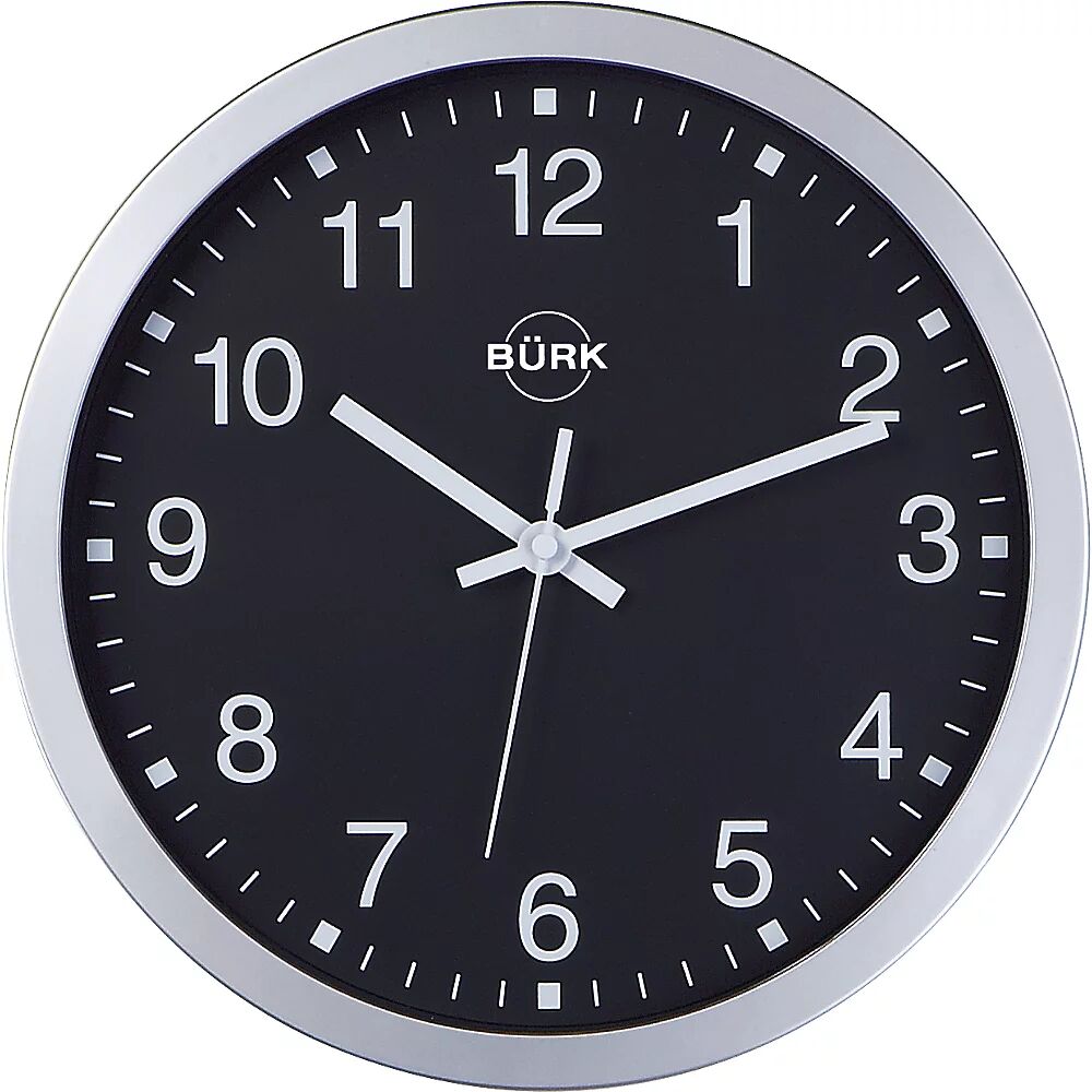 kaiserkraft Reloj de pared de plástico ABS, plateado, Ø 300 mm, esfera negra, mecanismo de relojería de cuarzo