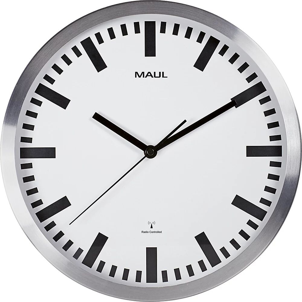 MAUL Reloj de pared pilot, aluminio cepillado, Ø 305 mm, mecanismo de relojería controlado por radio, plateado