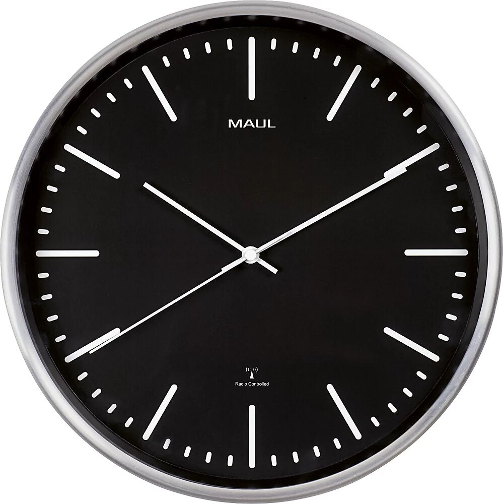 MAUL Reloj de pared fly, aluminio cepillado, Ø 305 mm, mecanismo de relojería controlado por radio, negro