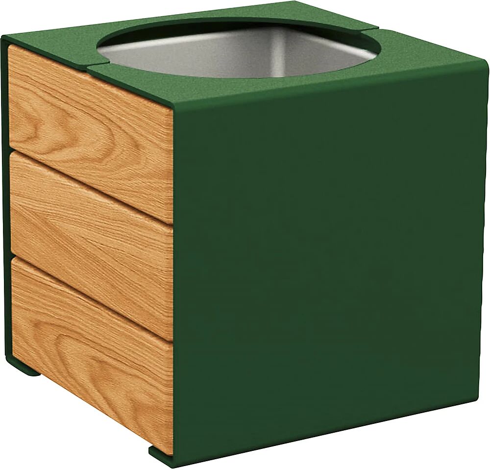 PROCITY Jardinera KUBE, H x A x P 450 x 450 x 450 mm, acero/madera, verde musgo, roble claro