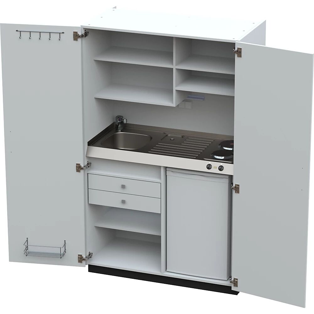 kaiserkraft Cocina-armario con puertas batientes, 2 placas de cocción eléctricas, fregadero a la izquierda, blanco, 1956 x 1200 x 650 mm