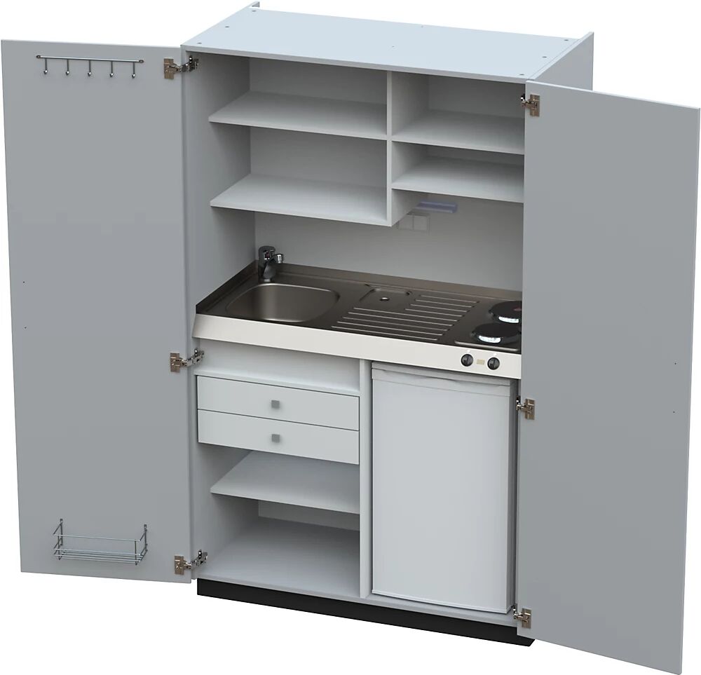 kaiserkraft Cocina-armario con puertas batientes, 2 placas de cocción eléctricas, fregadero a la izquierda, gris, 1956 x 1200 x 650 mm