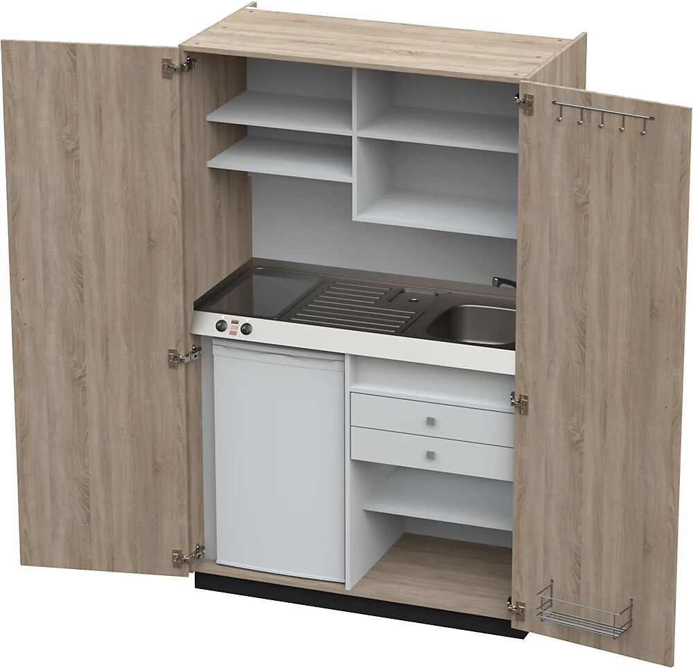 kaiserkraft Cocina-armario con puertas batientes, 2 placas de vitrocerámica, fregadero a la derecha, roble, 1956 x 1200 x 650 mm