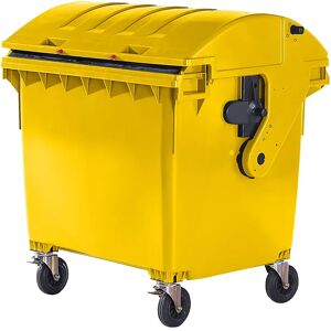 kaiserkraft Contenedor de basura de plástico, DIN EN 840, capacidad 1100 l, H x A x P 1360 x 1465 x 1100 mm, tapa corredera, seguro para niños, amarillo