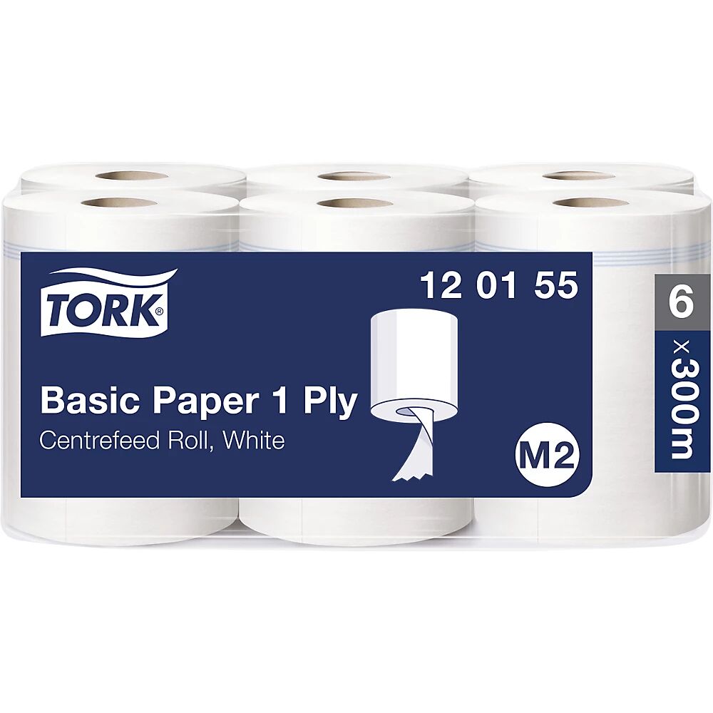 TORK Toallitas de papel estándar con desenrollado interior, de 1 capa, blancas, UE 6 rollos, calidad universal, sin perforar