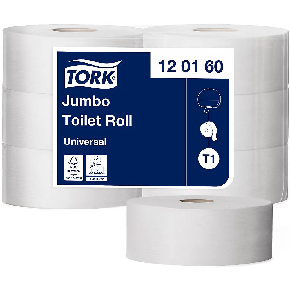TORK Papel higiénico Jumbo, rollo industrial, tissue Standard, de 1 capa, blanco, UE 6 rollos, a partir de 6 UE