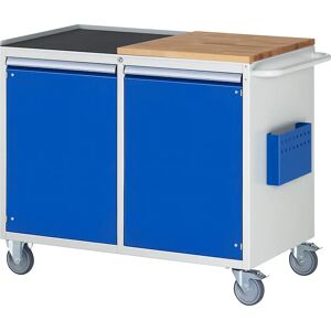 RAU Bancos de trabajo compactos, rodantes, 2 puertas, tablero de trabajo de madera / metal, gris luminoso / azul genciana