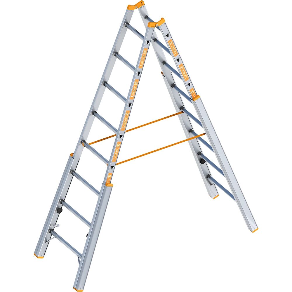Layher Escalera de tijera para escaleras de obra, con nivelación, ascenso por ambos lados, 8 peldaños