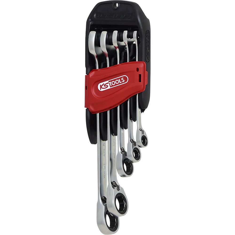KS Tools Juego de llaves combinadas de trinquete GEARplus® RINGSTOP acodadas, Flank Traction, 5 piezas