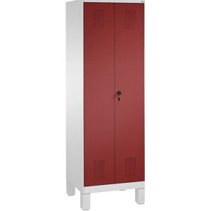 C+P Armario para utensilios de limpieza y aparatos EVOLO, pared separadora más corta, 6 ganchos, 2 compartimentos de 300 mm, con patas, gris luminoso / rojo rubí