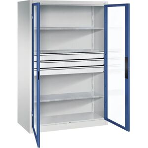 C+P Armario de puertas batientes con ventanilla, H x A x P 1950 x 1200 x 600 mm, 3 baldas, 3 cajones, gris luminoso / azul genciana