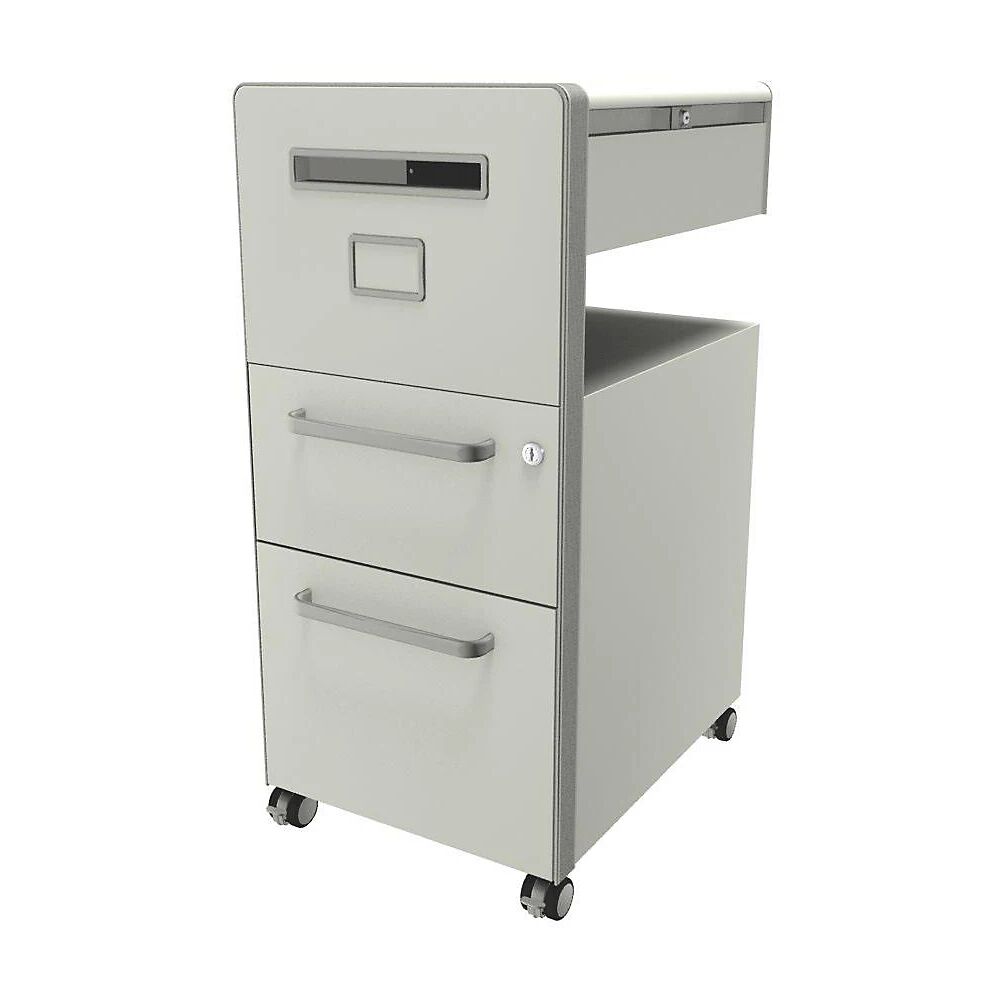 BISLEY Mueble auxiliar Bite™, con 1 tablón para chinchetas, apertura a la izquierda, con 1 cajón universal y 1 cajón para archivadores colgantes, blanco puro