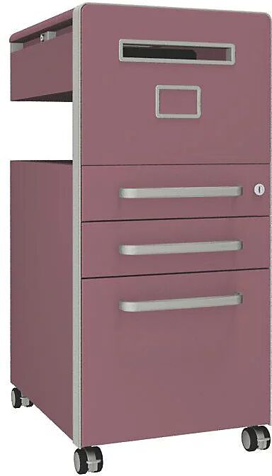 BISLEY Mueble auxiliar Bite™, con 1 tablón para chinchetas, apertura a la derecha, con 2 cajones universales y 1 cajón para archivadores colgantes, rosa