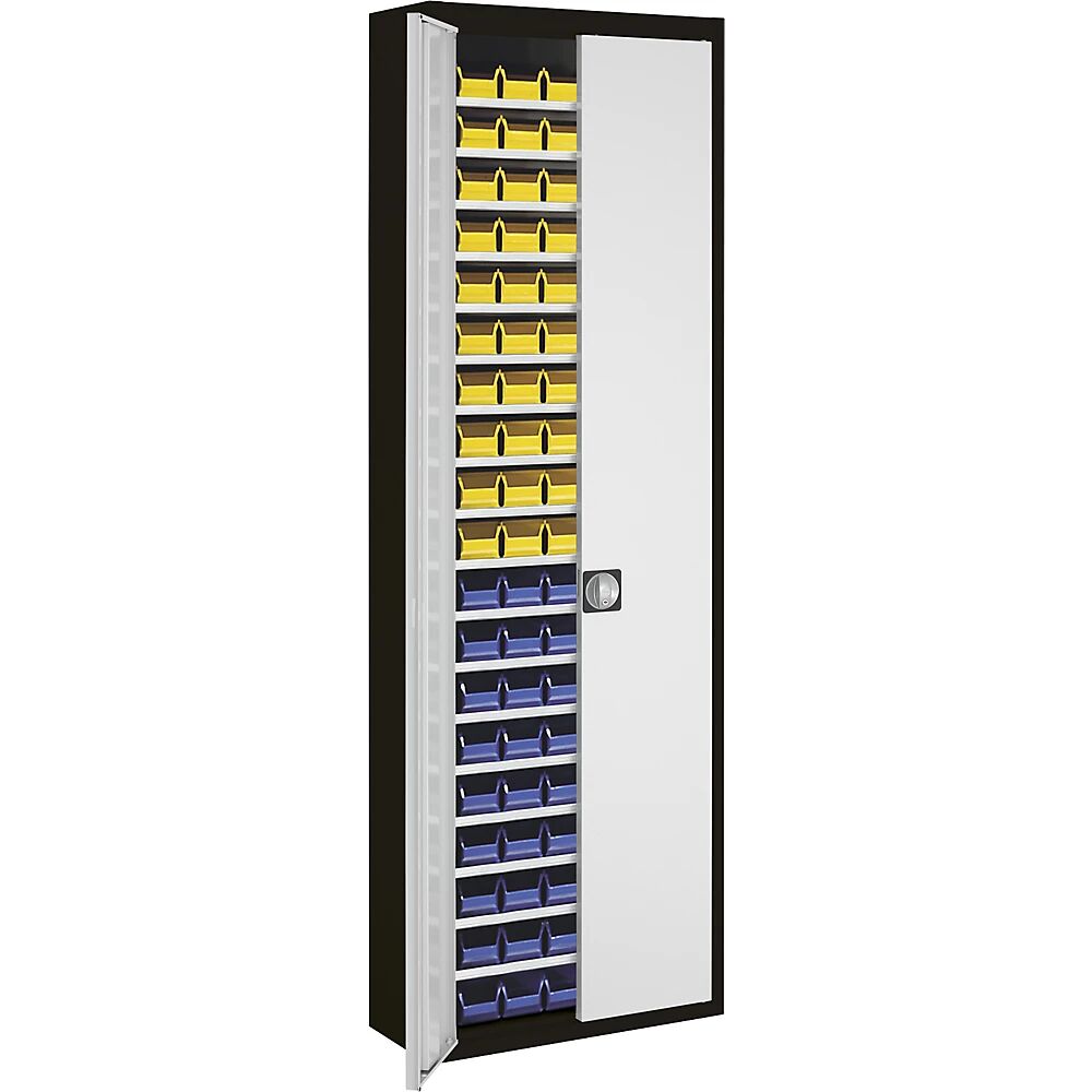 mauser Armario-almacén con cajas visualizables, H x A x P 2150 x 680 x 280 mm, bicolor, cuerpo negro, puertas en gris, 114 cajas