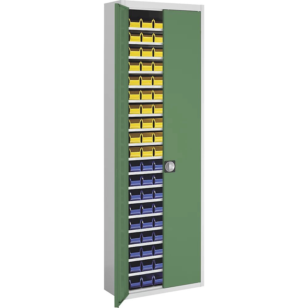 mauser Armario-almacén con cajas visualizables, H x A x P 2150 x 680 x 280 mm, bicolor, cuerpo gris, puertas en verde, 114 cajas