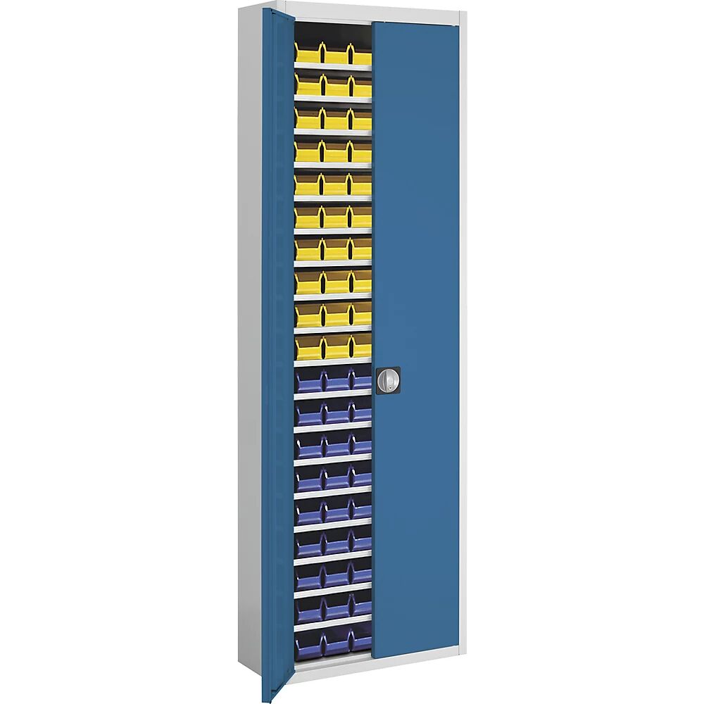mauser Armario-almacén con cajas visualizables, H x A x P 2150 x 680 x 280 mm, bicolor, cuerpo gris, puertas en rojo, 114 cajas