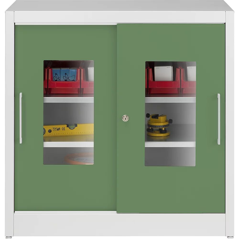mauser Armario de puertas correderas con ventanilla, con 2 baldas, H x A 1000 x 1000 mm, profundidad 600 mm, puertas en color verde reseda