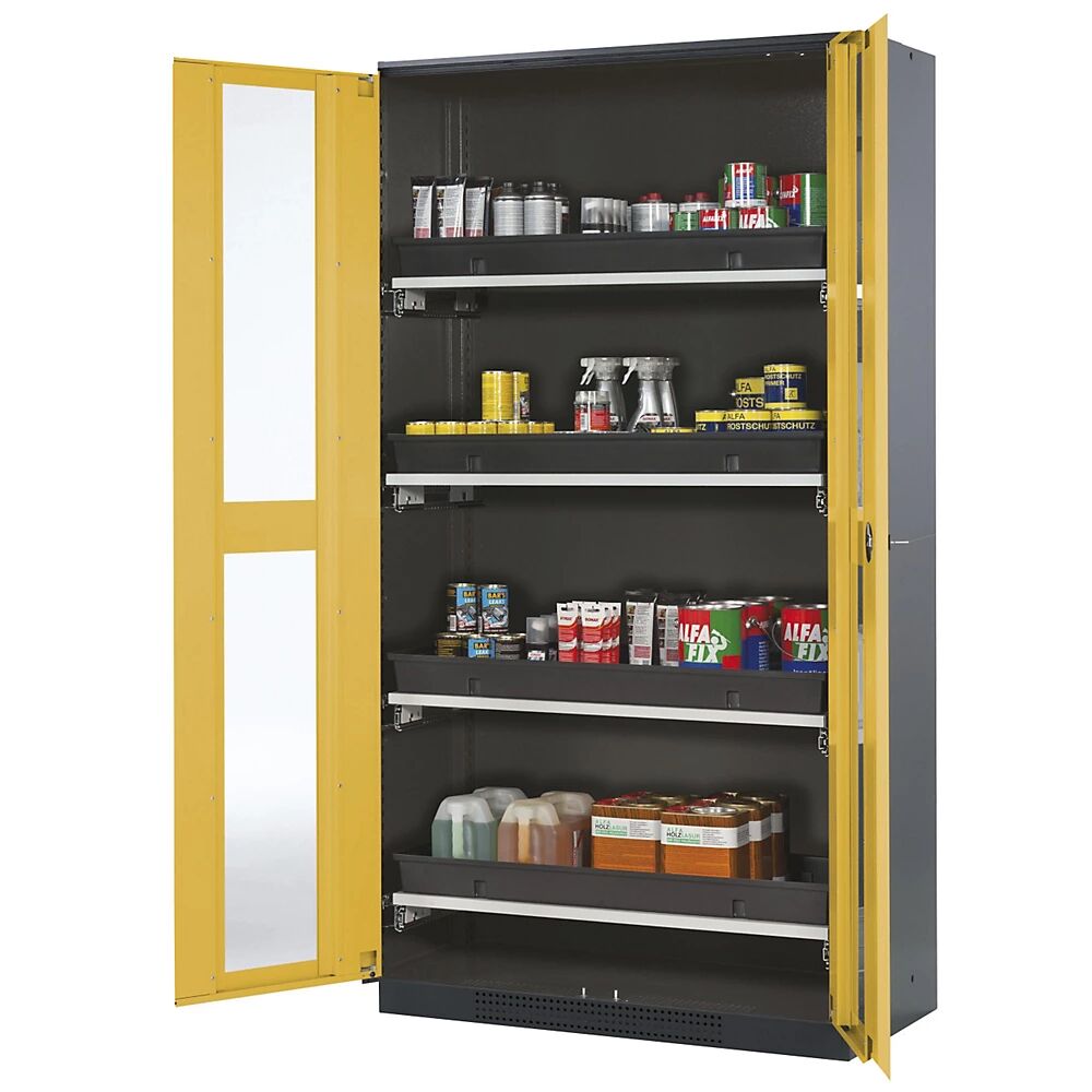 asecos Armario de laboratorio para productos químicos, 2 puerta, alta, 4 bandejas extraíbles, con ventanilla, amarillo