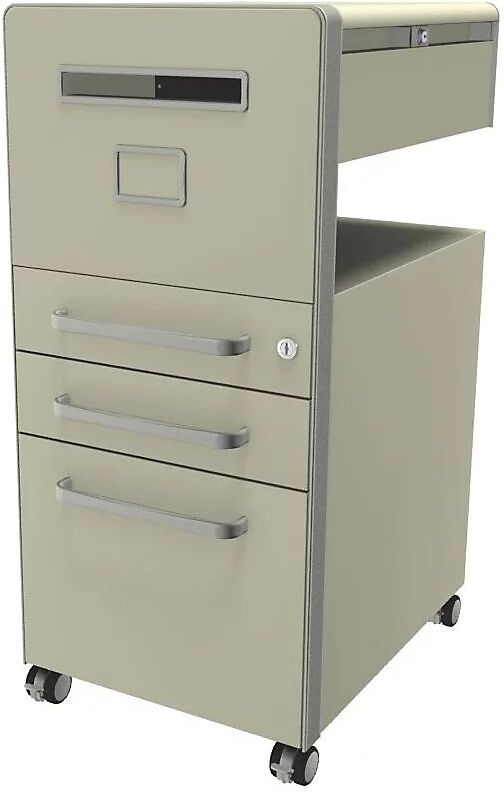 BISLEY Mueble auxiliar Bite™, con 1 panel rotulable, apertura a la izquierda, con 2 cajones universales y 1 cajón para archivadores colgantes, marfil claro