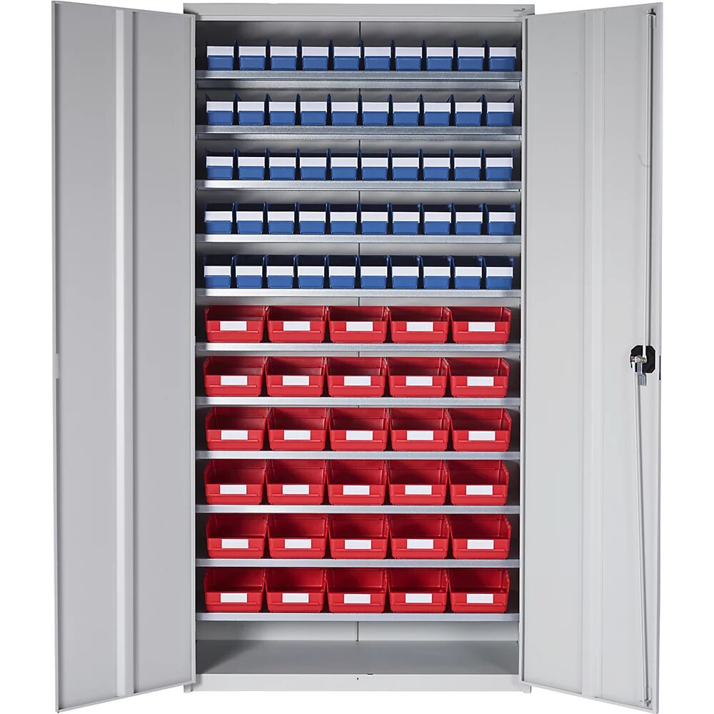 STEMO Armario-almacén, H x A x P 1970 x 1000 x 450 mm, con cajas para estanterías, 50 cajas azules, 30 cajas rojas