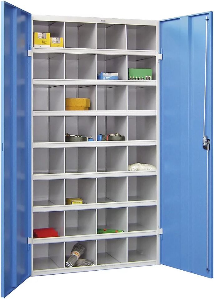 Pavoy Armario con estanterías de compartimentos, 32 compartimentos, con puertas, gris / azul