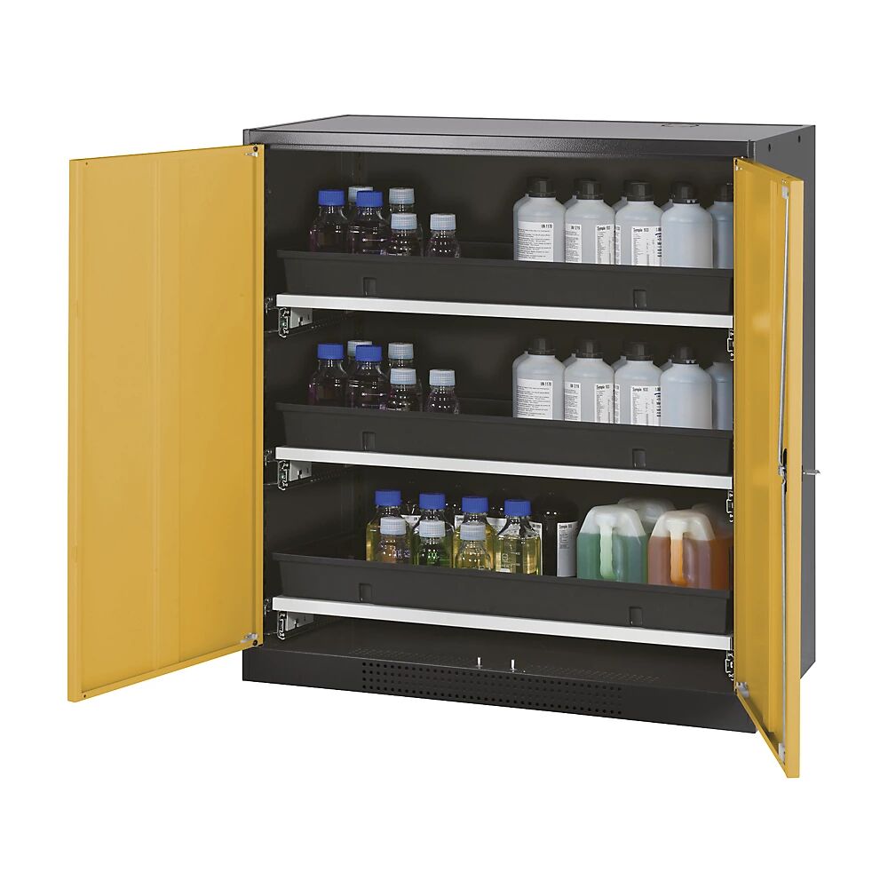 asecos Armario de laboratorio para productos químicos, 2 puerta, de media altura, 3 bandejas extraíbles, sin ventanilla, amarillo
