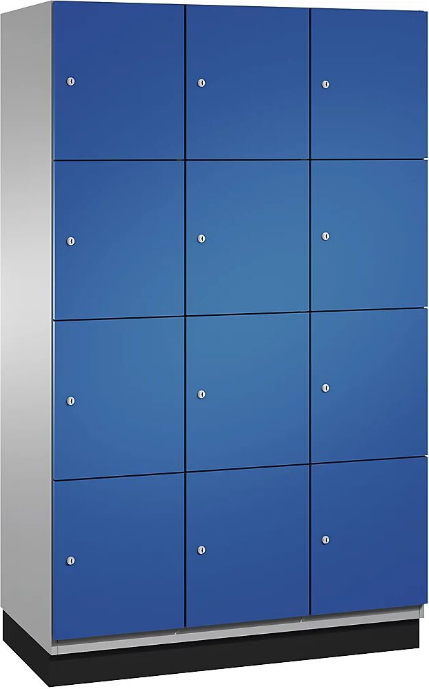 C+P Armario de compartimentos bajo llave CAMBIO con puertas de chapa de acero, 12 compartimentos de 1200 mm de anchura, cuerpo aluminio blanco / puerta azul genciana, altura de compartimento 462,5 mm