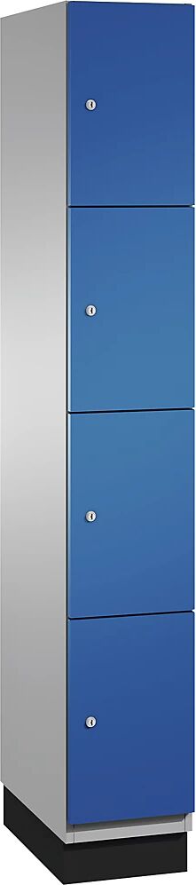 C+P Armario de compartimentos bajo llave CAMBIO con puertas de chapa de acero, 4 compartimentos de 300 mm de anchura, cuerpo aluminio blanco / puerta azul genciana