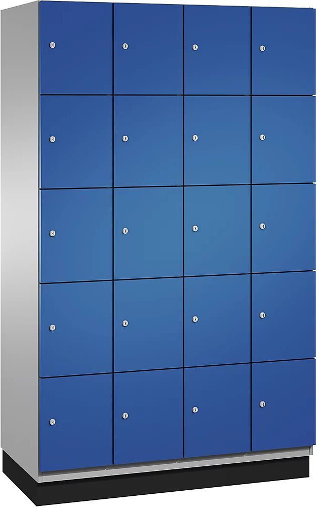 C+P Armario de compartimentos bajo llave CAMBIO con puertas de chapa de acero, 20 compartimentos de 1200 mm de anchura, cuerpo aluminio blanco / puerta azul genciana