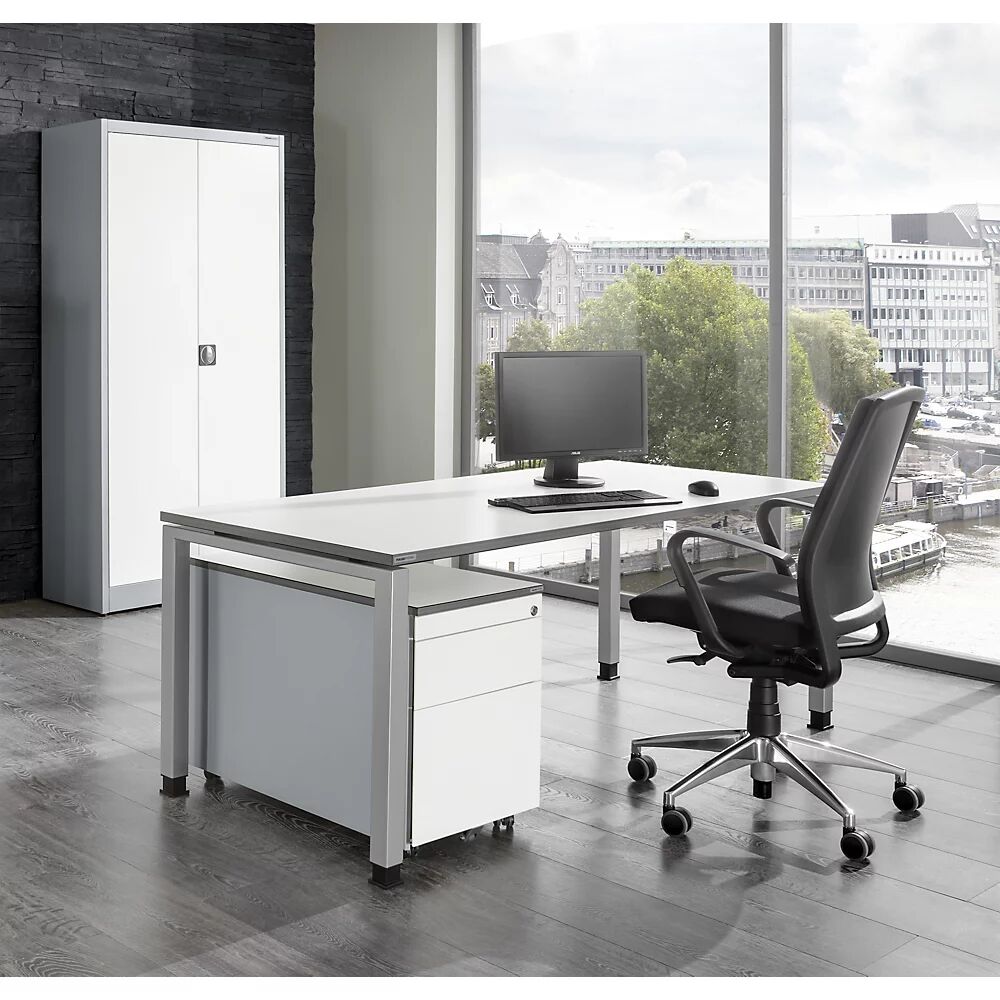 mauser Oficina completa ARCOS, escritorio, armario de puertas batientes, buck rodante con archivador colgante, aluminio blanco / blanco puro